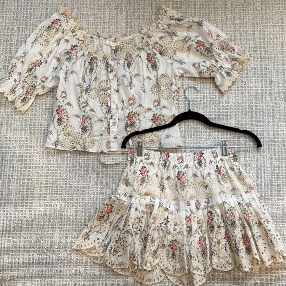 LoveShackFancy Floral Off-Shoulder Top and Skirt Set